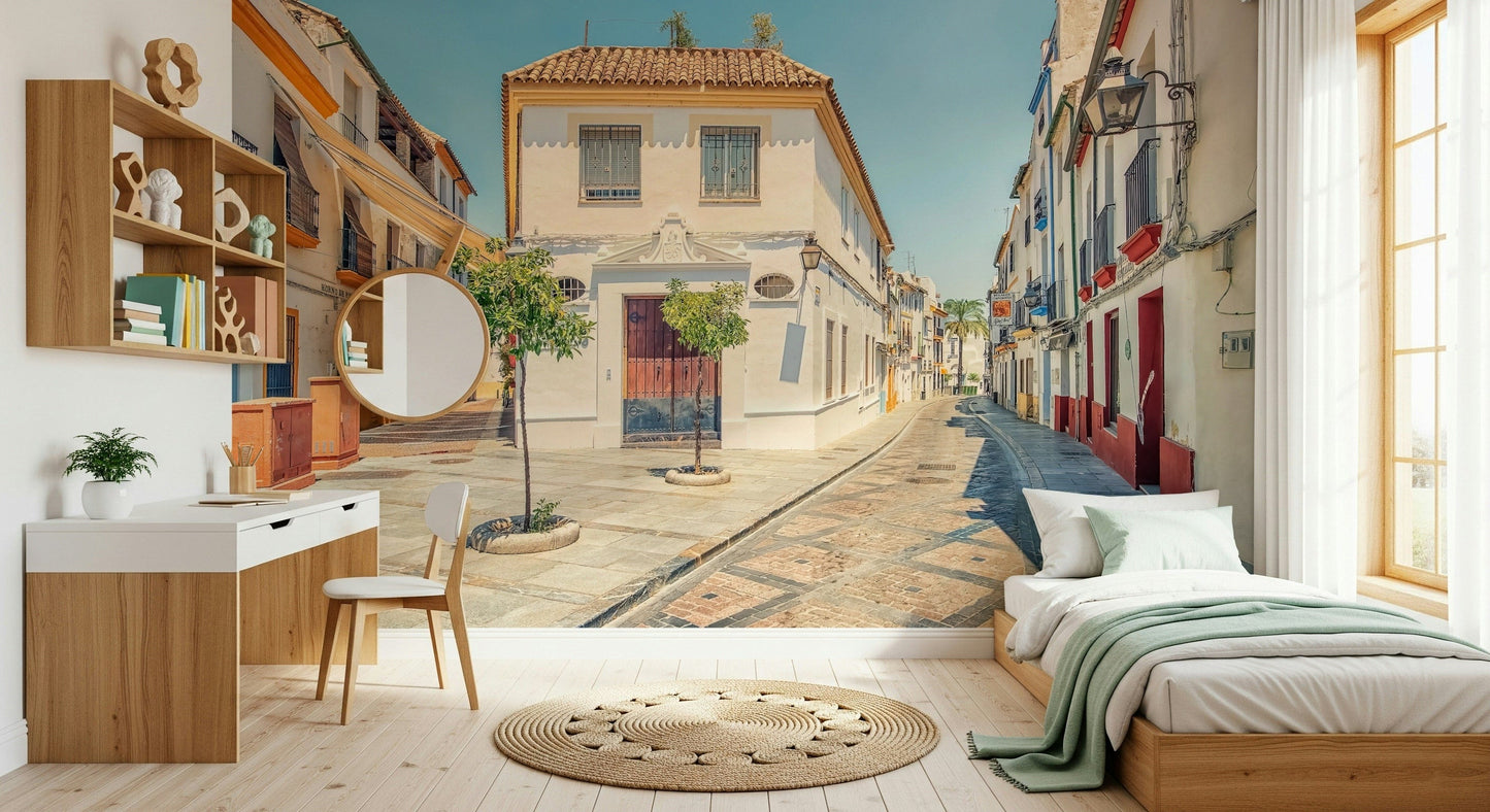 Spanish Street Charm sunny cobblestone alley wallpaper for walls.