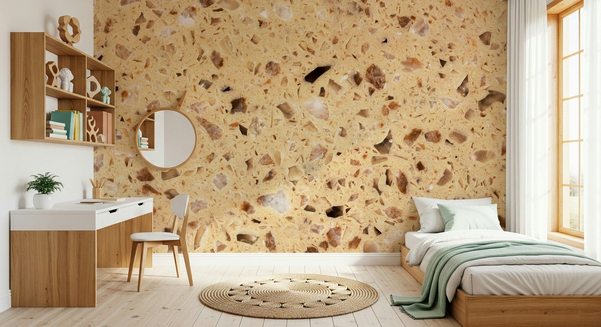 Brown chips composite Terrazzo textured wallpaper.