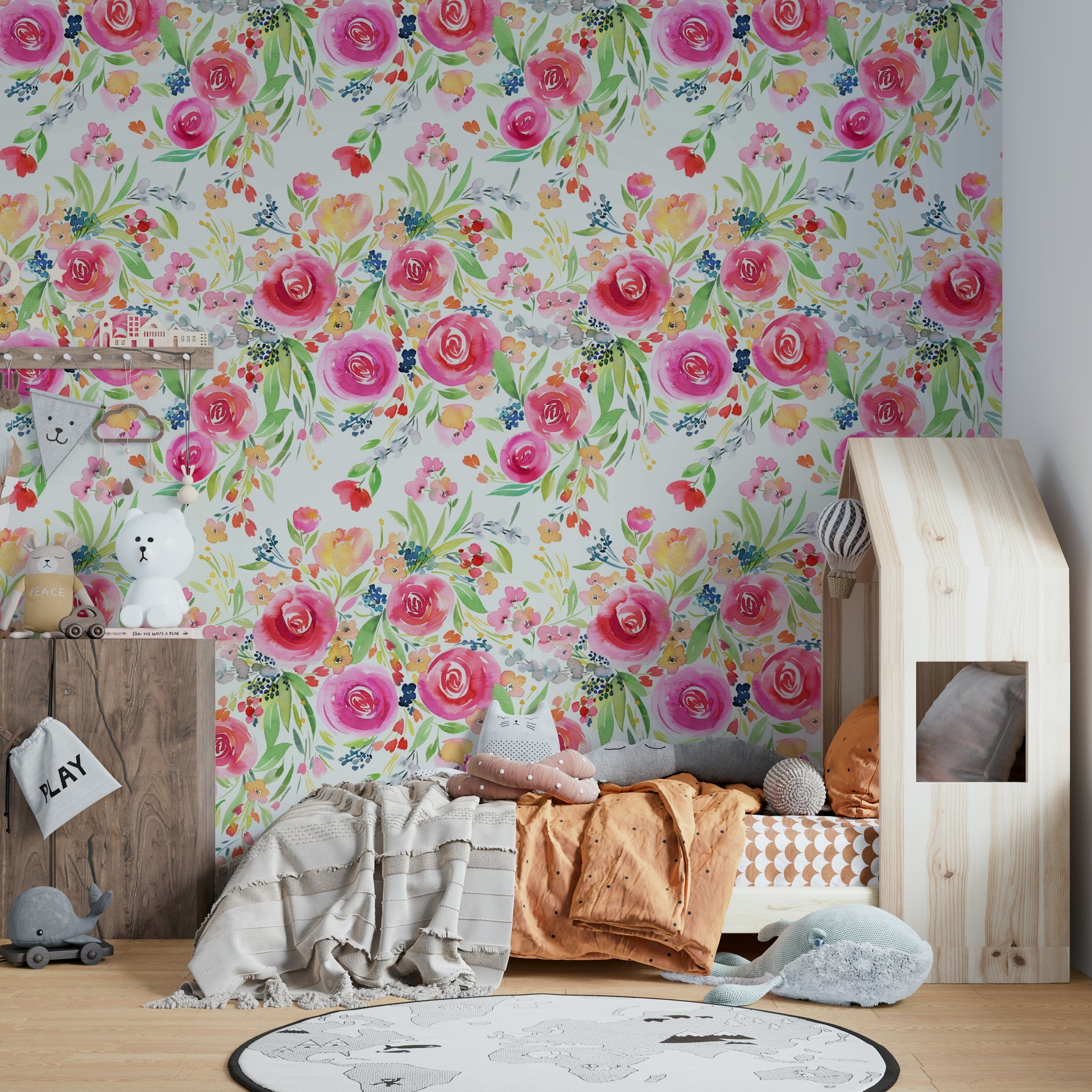 Close-up of roses and nature elements in a vibrant, whimsical floral wallpaper.

