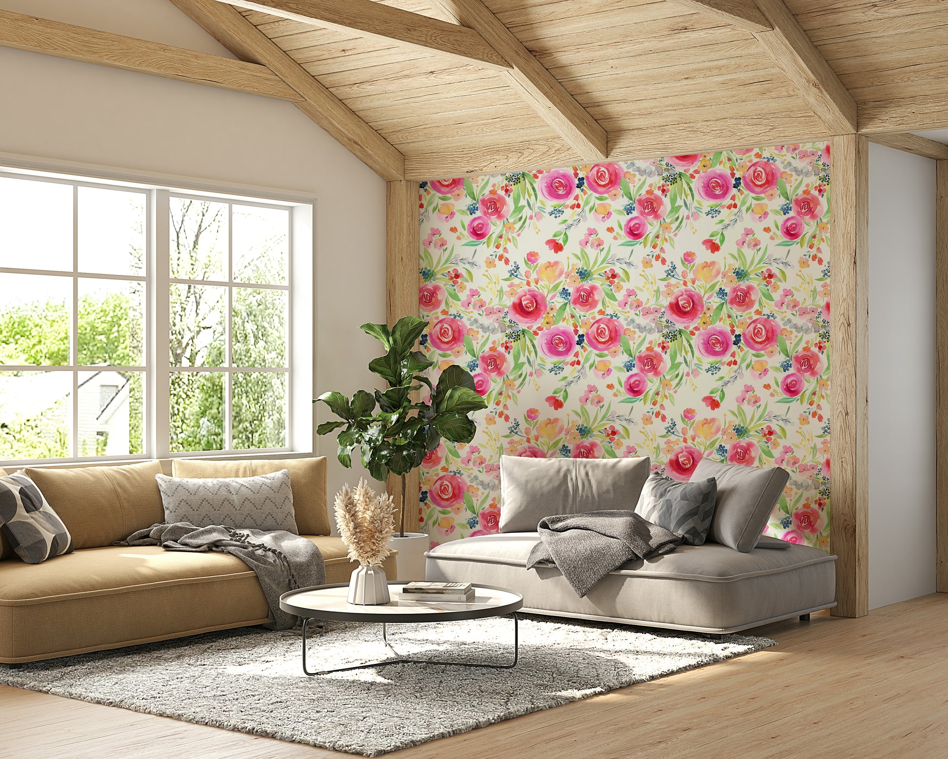Floral wallpaper featuring lush roses, whimsical flowers, and nature-inspired foliage.

