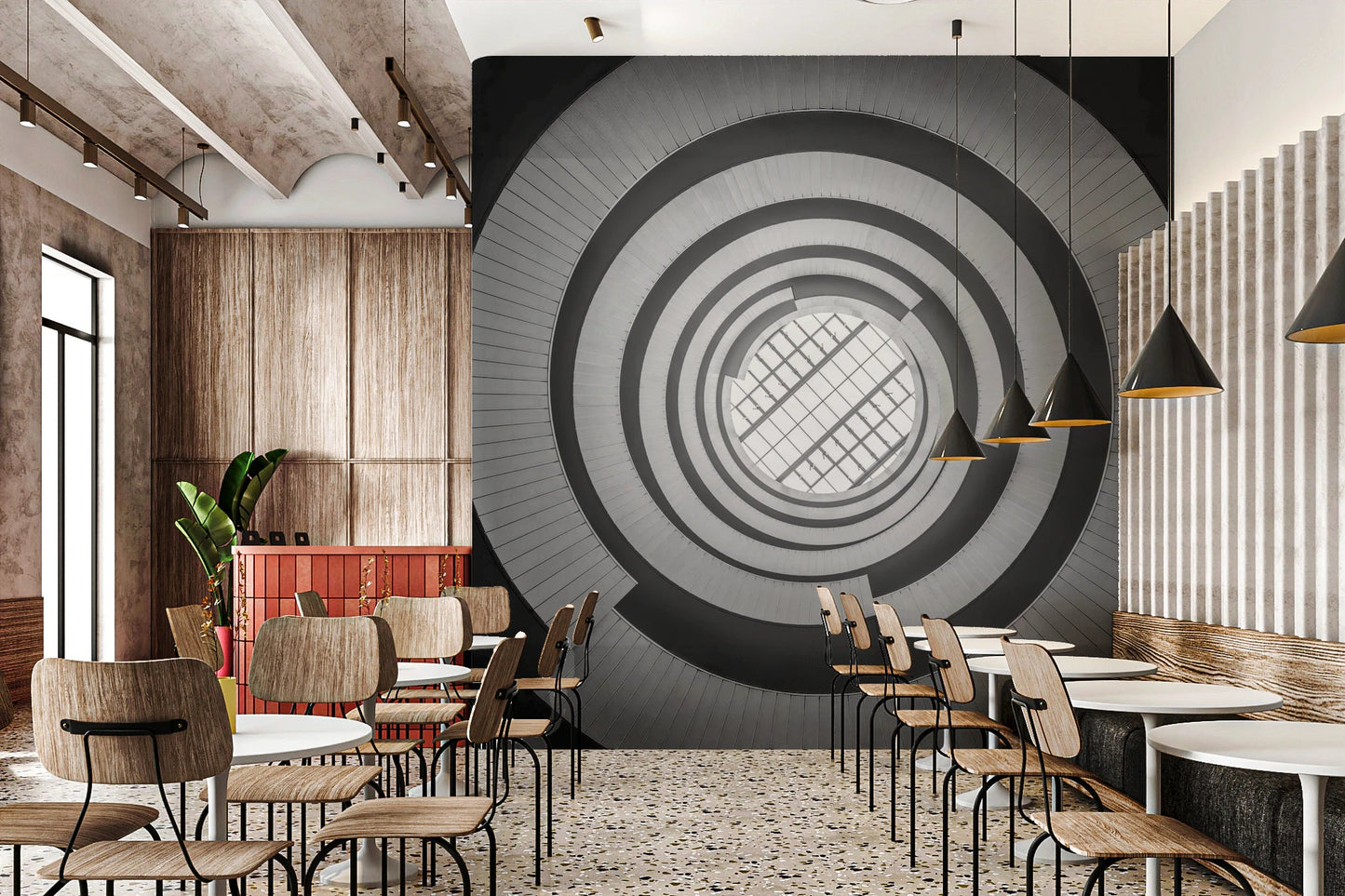 Dynamic spiral staircase mural adding architectural depth to a spacious restaurant.