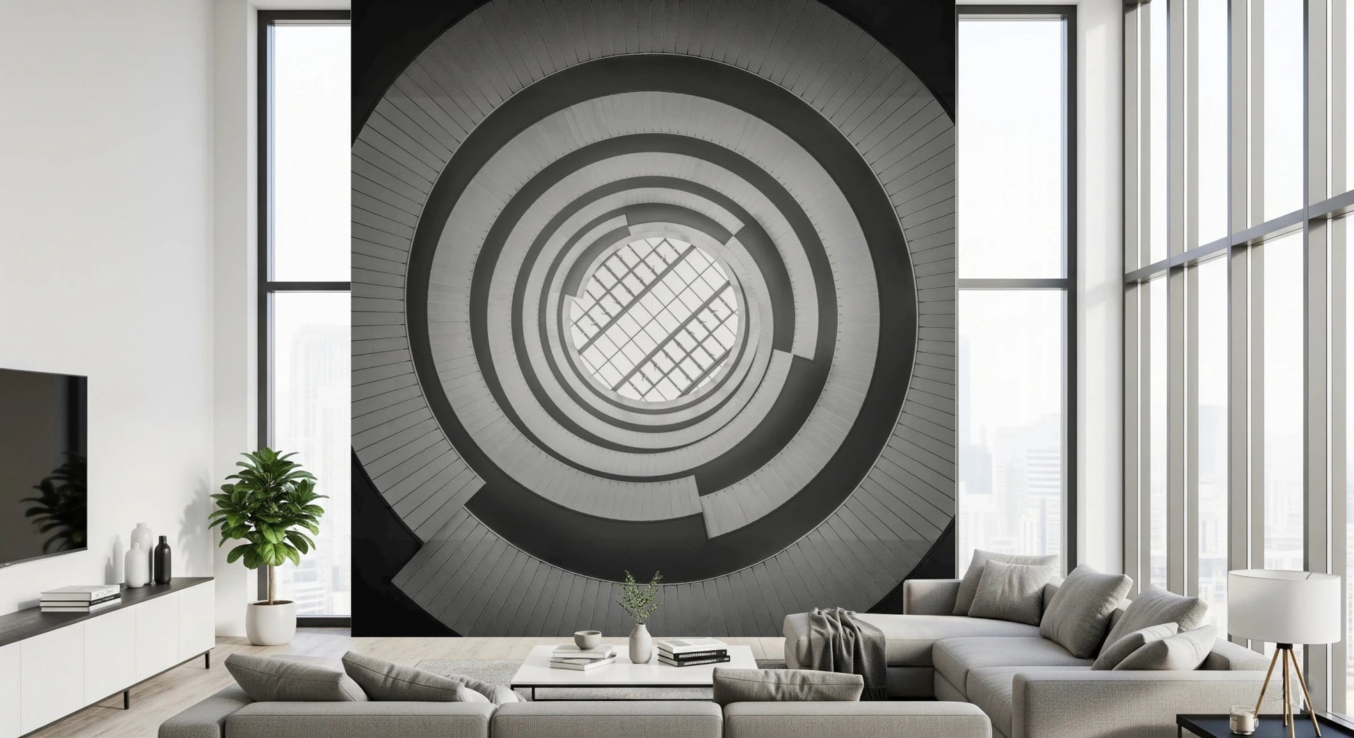 Sleek spiral staircase design wall mural enhancing the ambiance of your hallway.