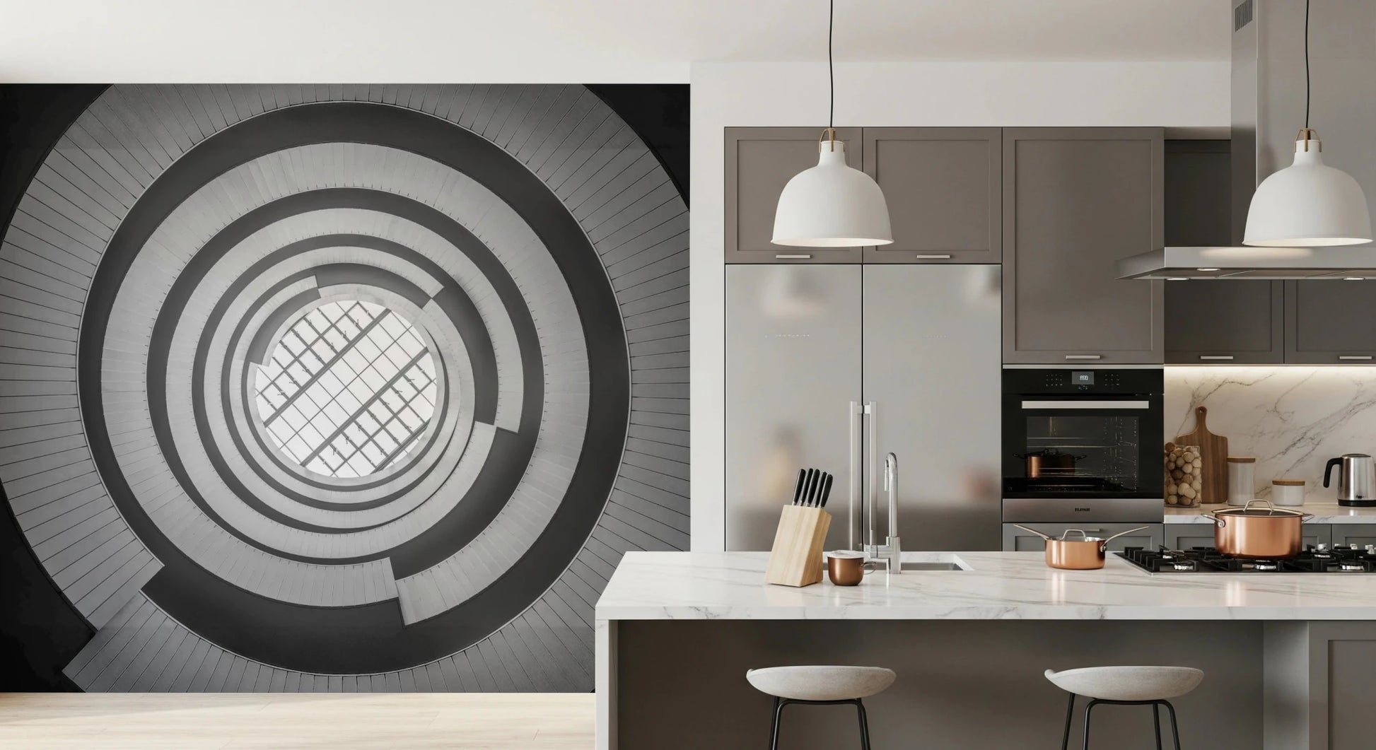 Minimalist spiral ascent wall mural perfect for accentuating a Kitchen feature wall.