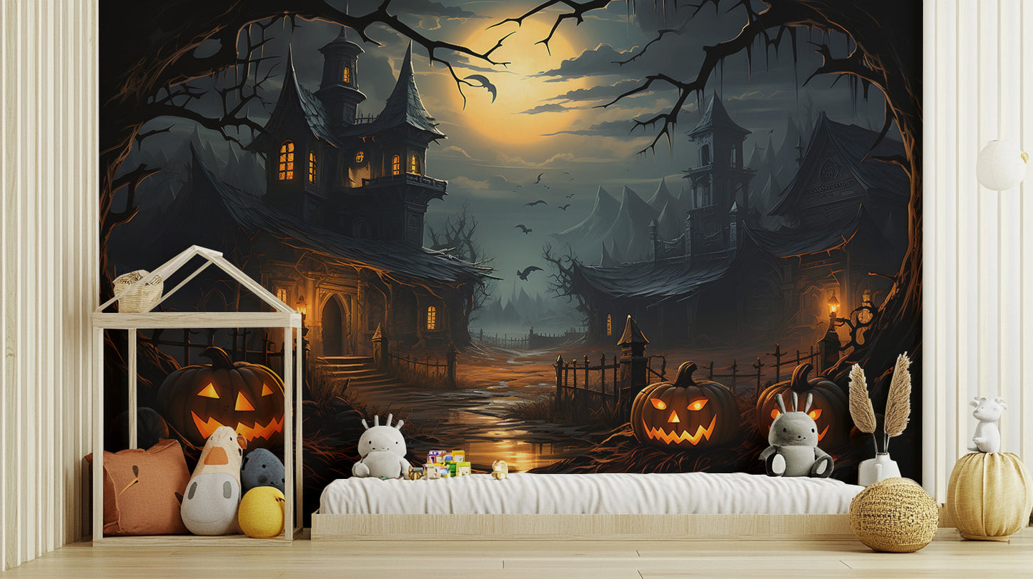 Haunted house mural for Halloween décor.
