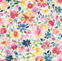 Spring wallpaper design with colorful zinnias and botanical details.

