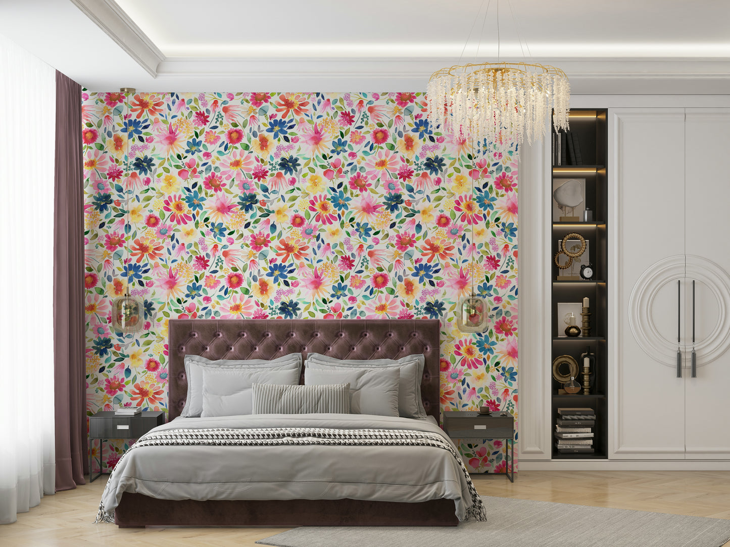 Zinnia-filled floral wallpaper bringing bright garden beauty indoors.


