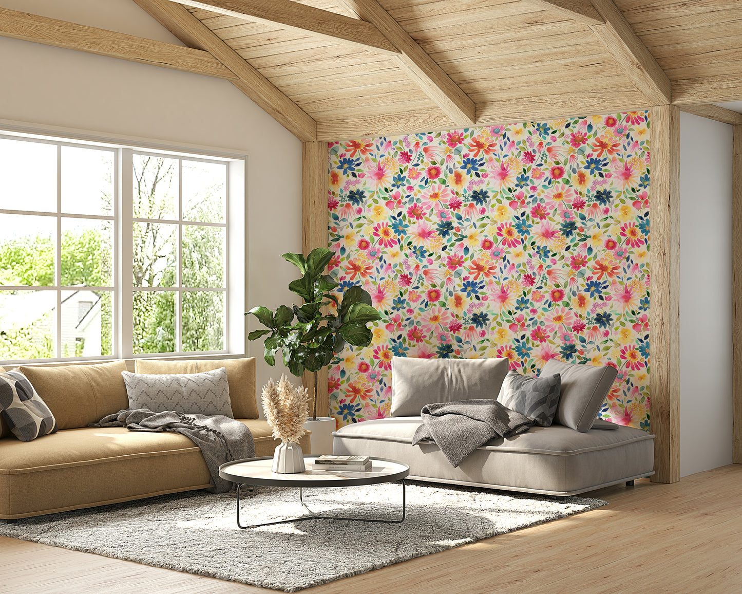 Wallpaper featuring multi-colored zinnias and lively greenery for a fresh look.


