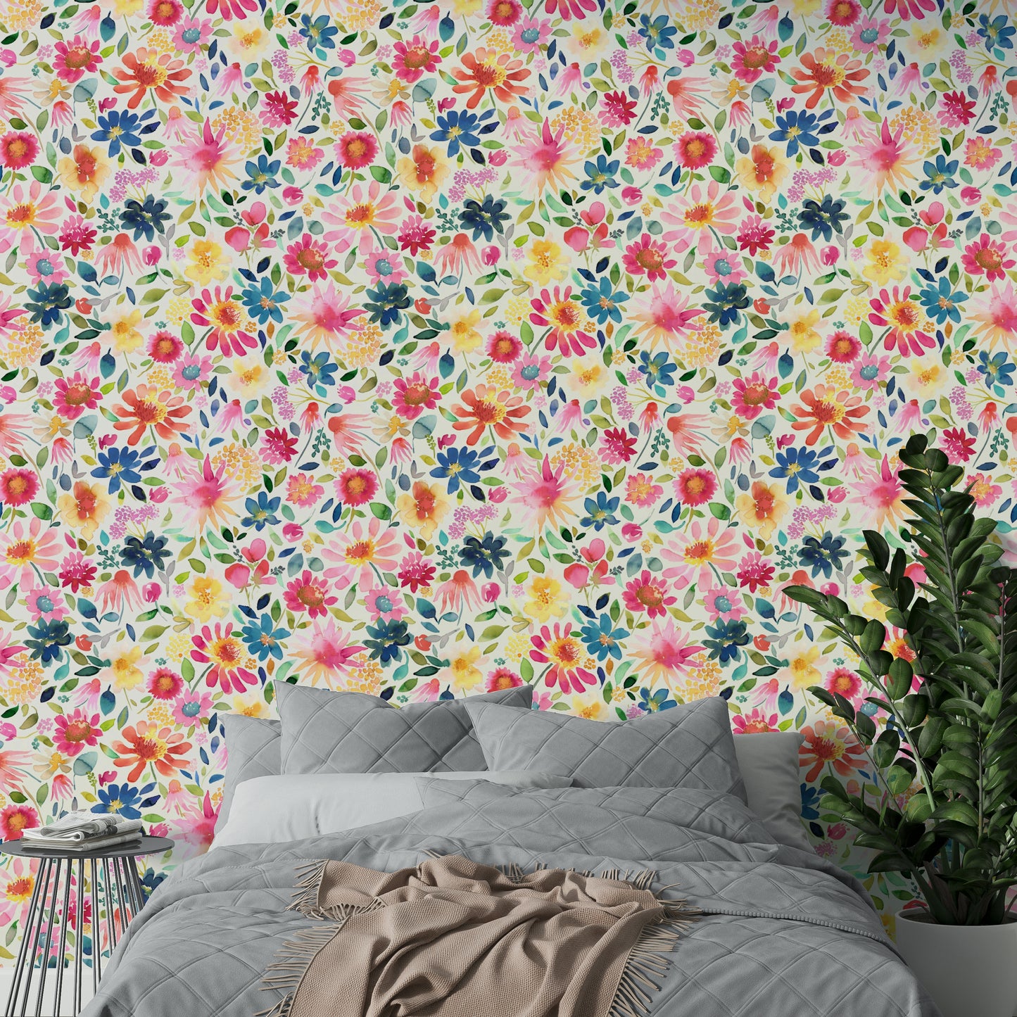 Fresh, nature-inspired wallpaper with bold zinnias and botanical accents.

