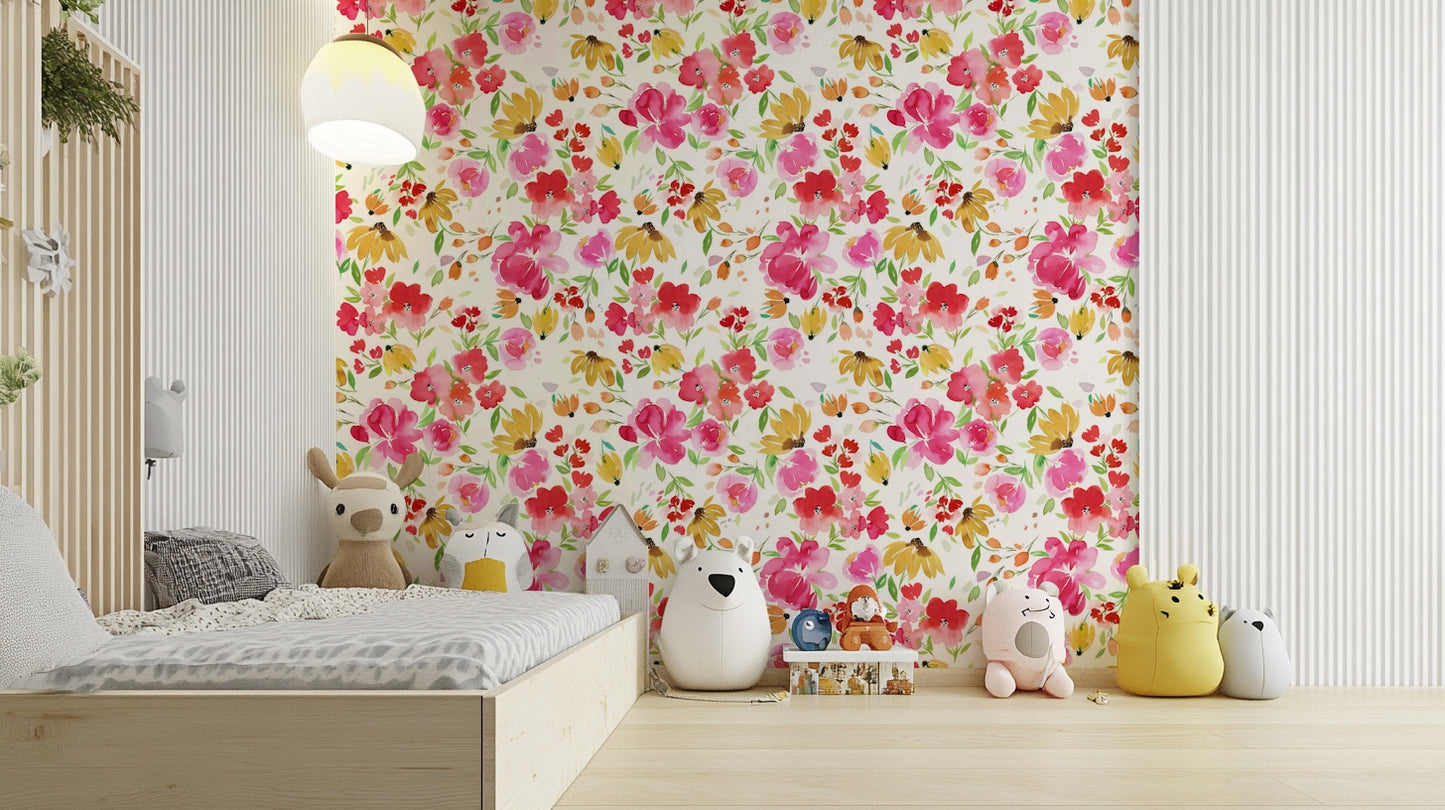 Floral wallpaper featuring soft pink and yellow flowers with green foliage.


