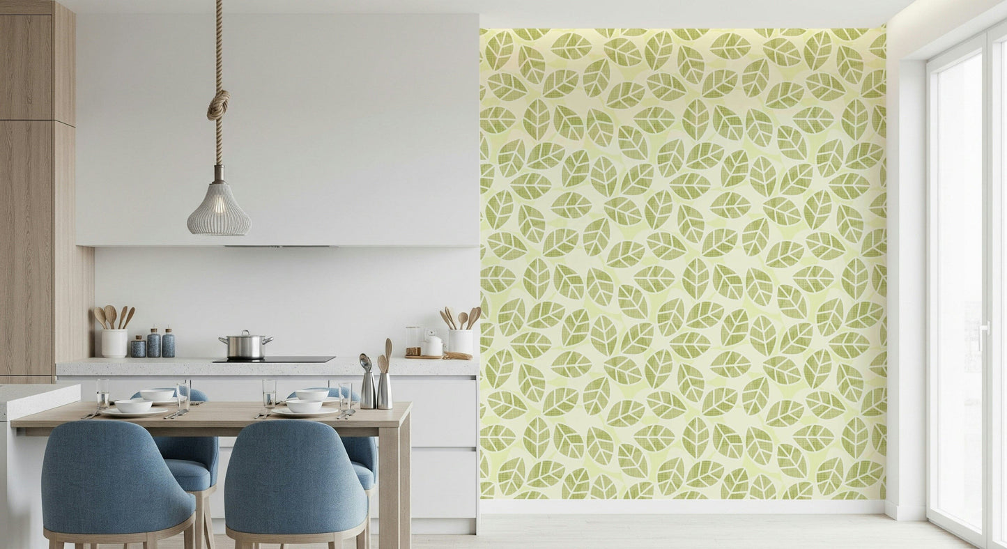 Leaves Play Spring Green Wallpaper – Fresh wallpaper featuring vibrant green leaves in a playful springtime pattern.