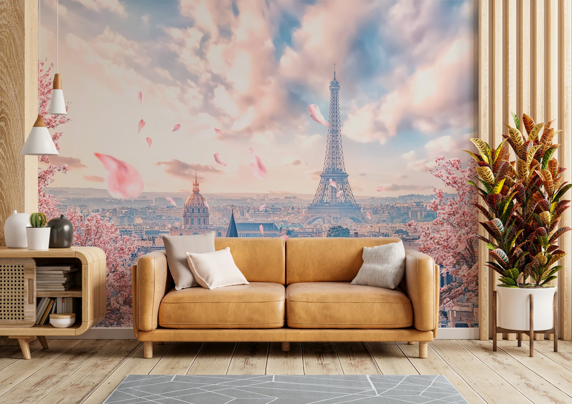 Blossoms and city rooftops in Paris scene

