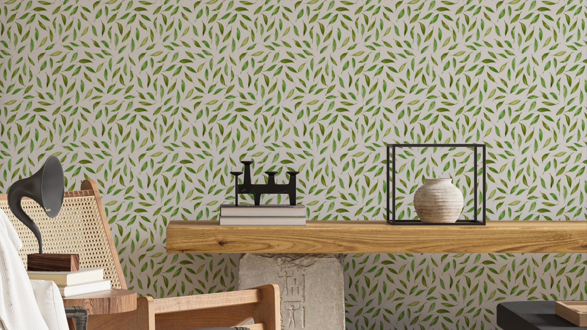 Spring scattered leaves wallpaper in light green tones

