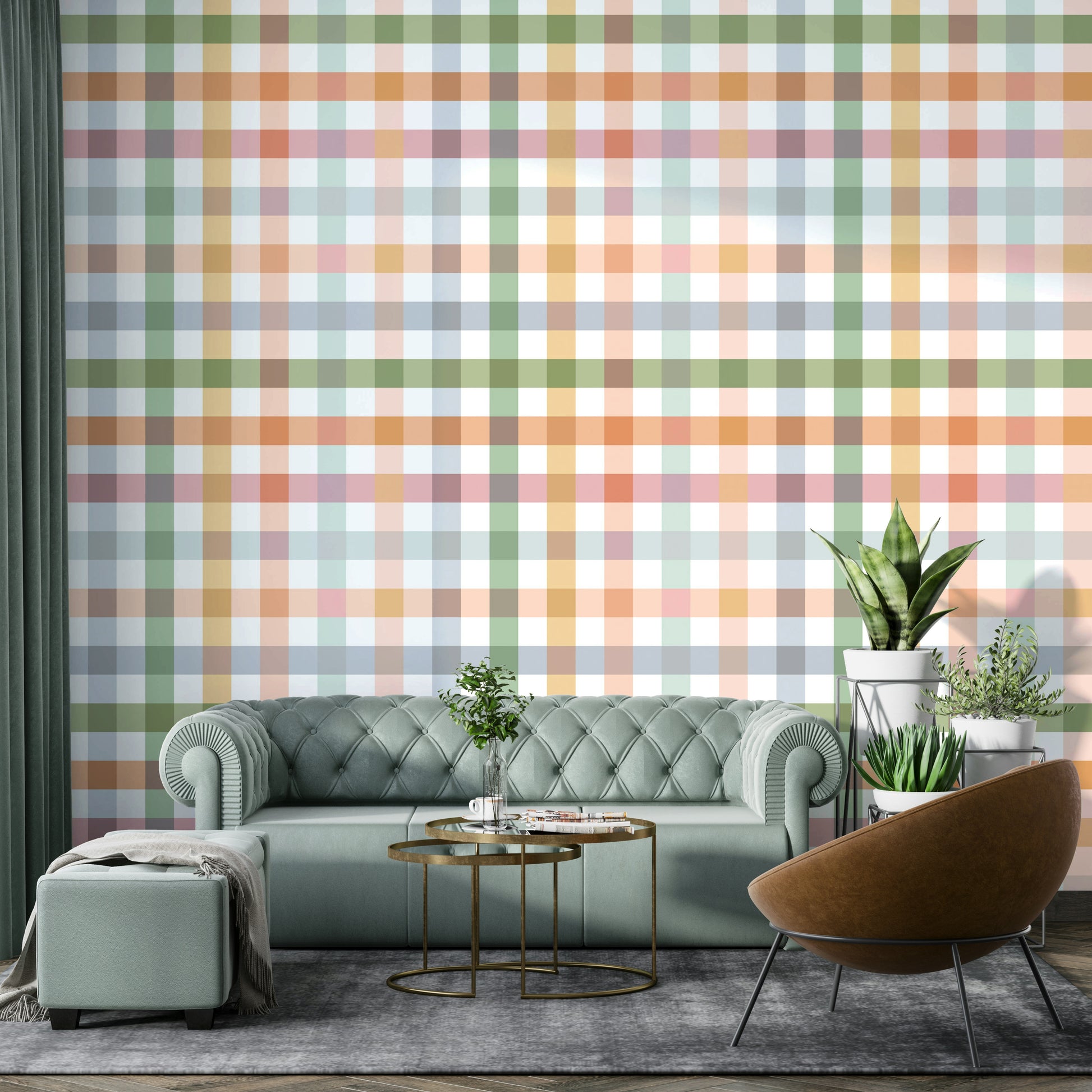 Wallpaper featuring a classic gingham pattern with soft pastel hues.

