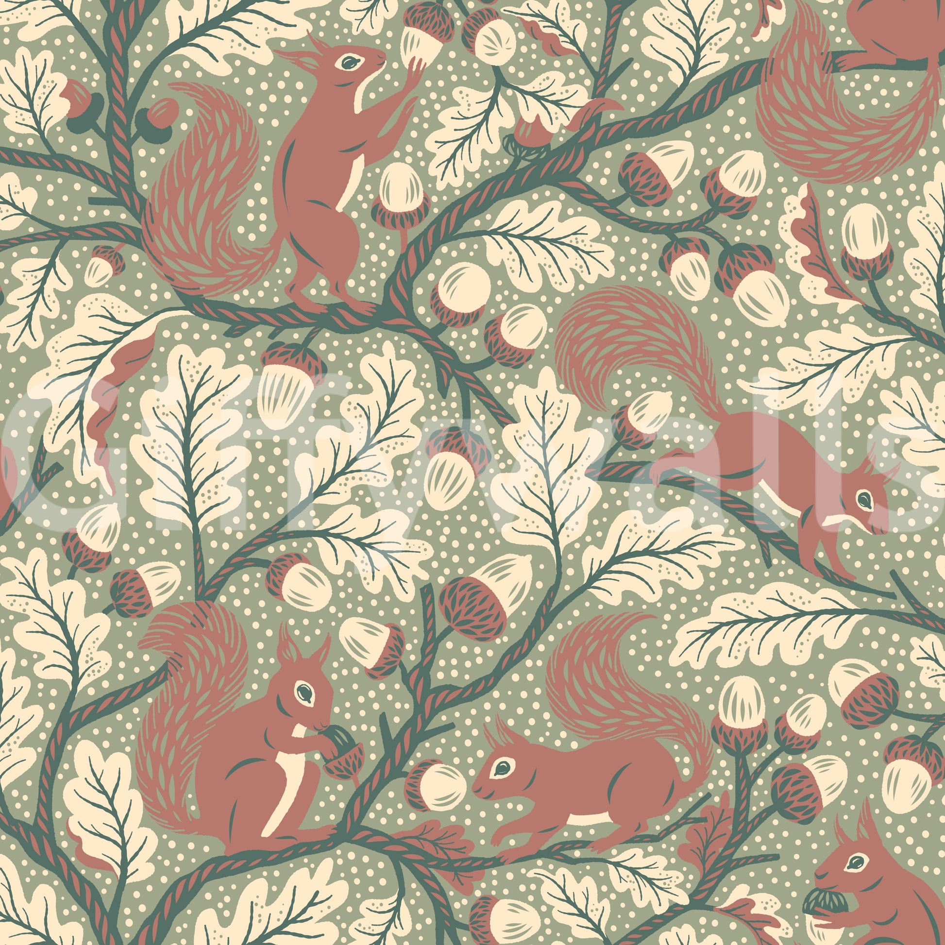 Whimsical wallpaper with squirrels and foliage

