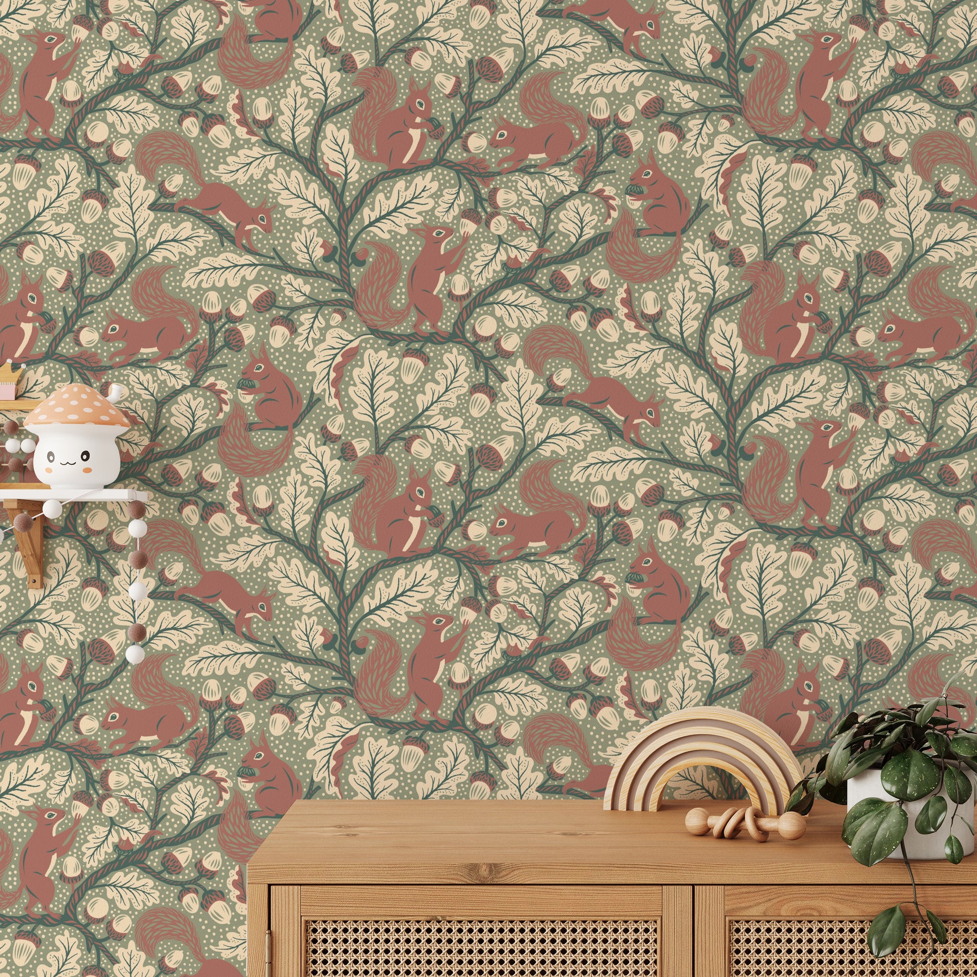 Oak tree branches with squirrels on green wallpaper

