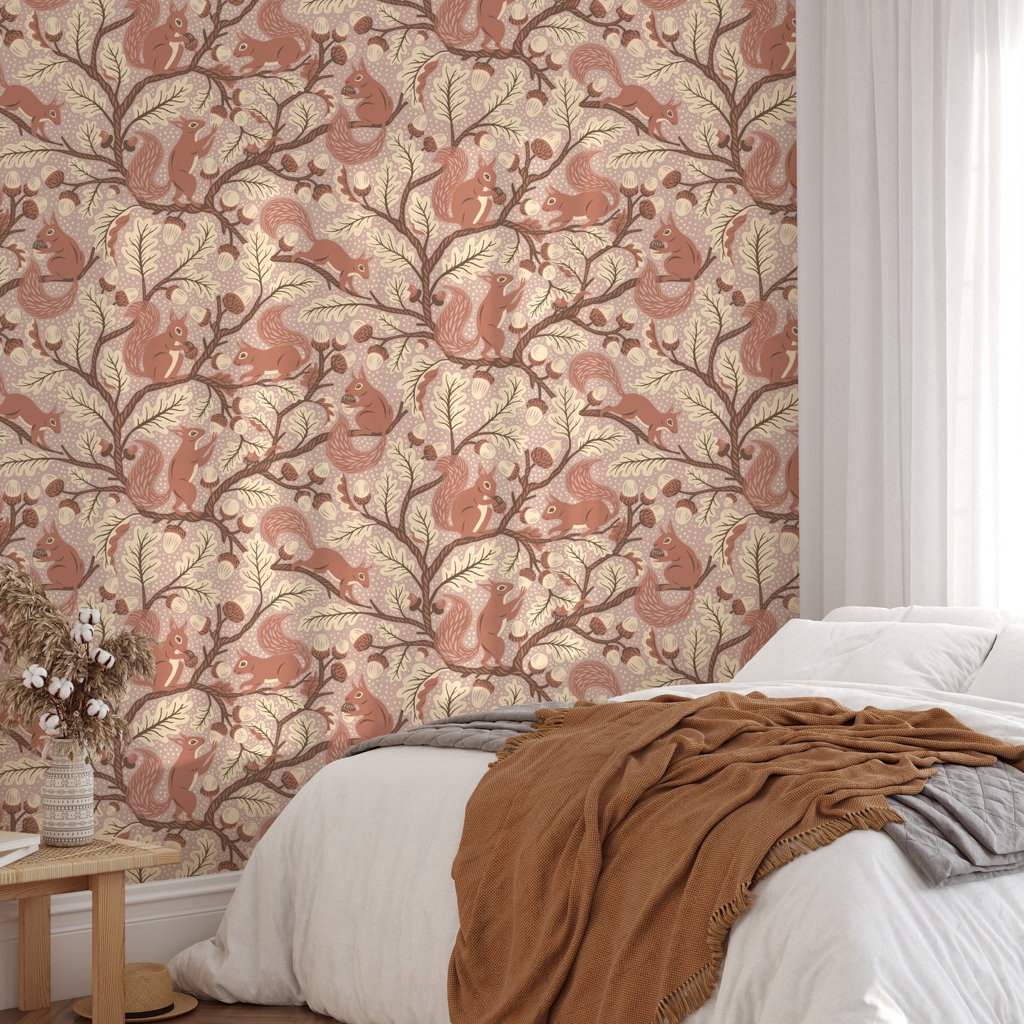 Whimsical wallpaper with squirrels and acorns

