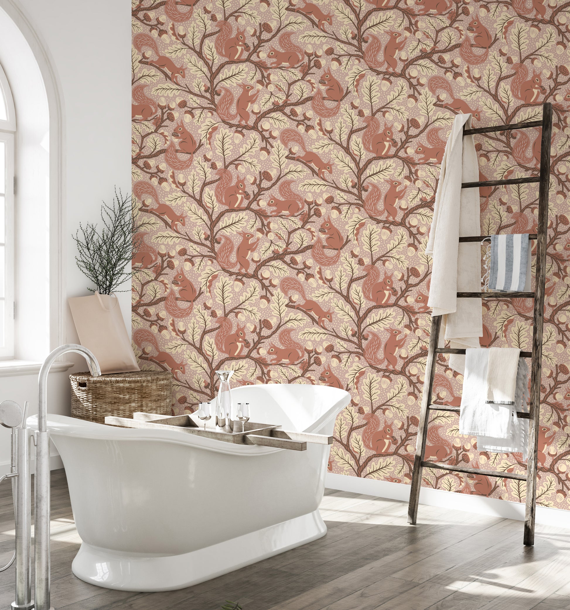 Autumn oak tree wallpaper with squirrel pattern

