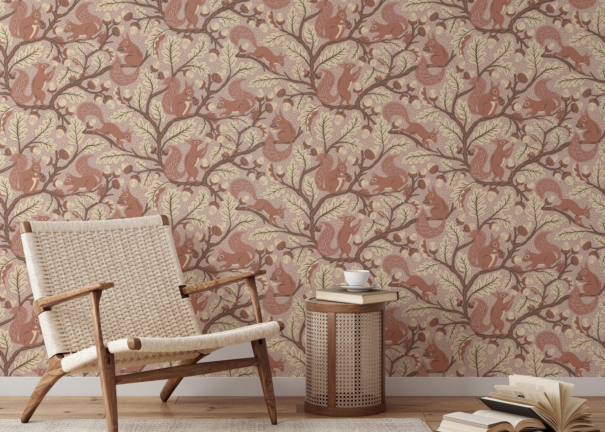 Squirrels climbing trees in rustic forest mural

