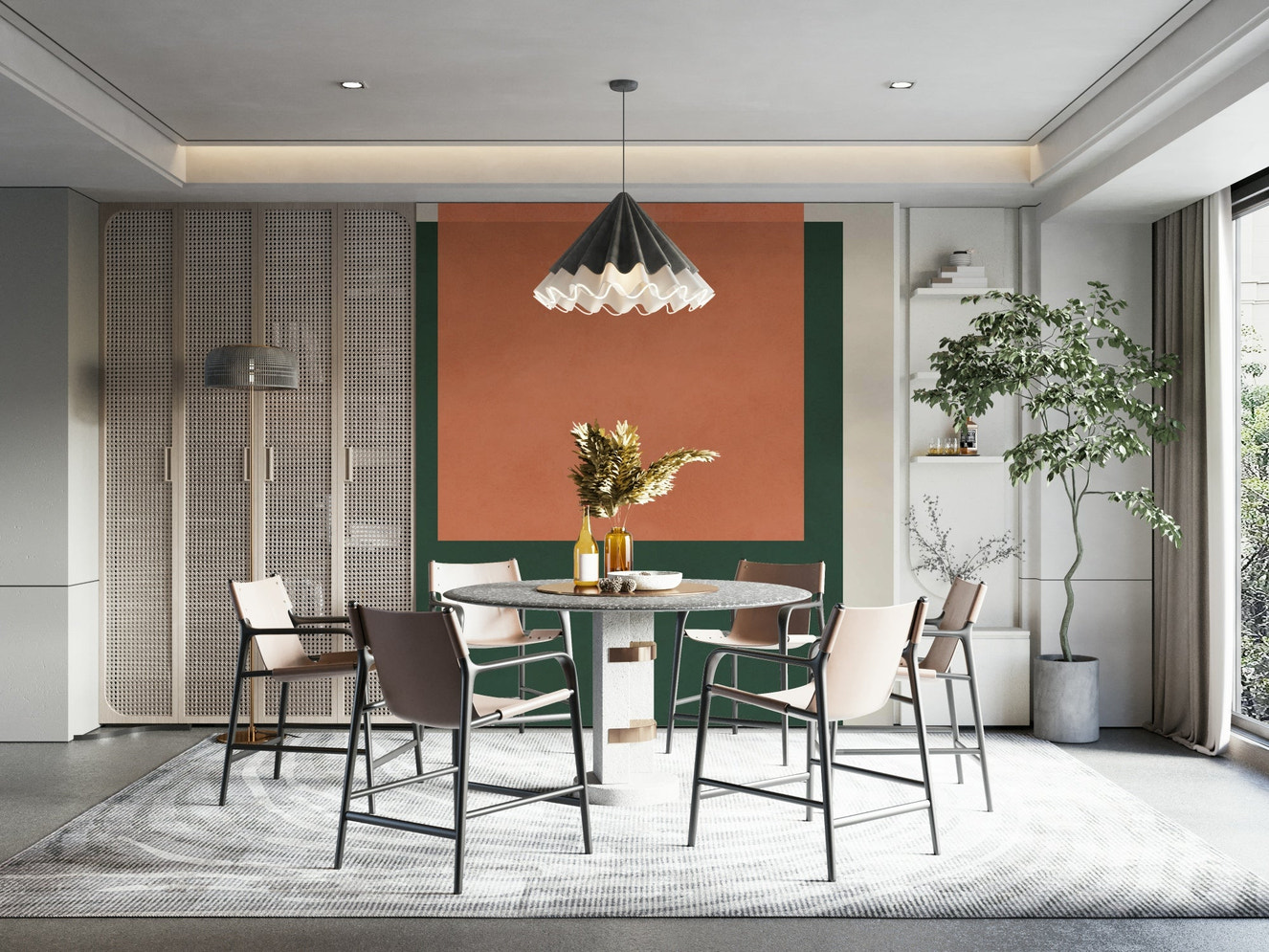 A wall mural with a geometric, stacked pattern.

