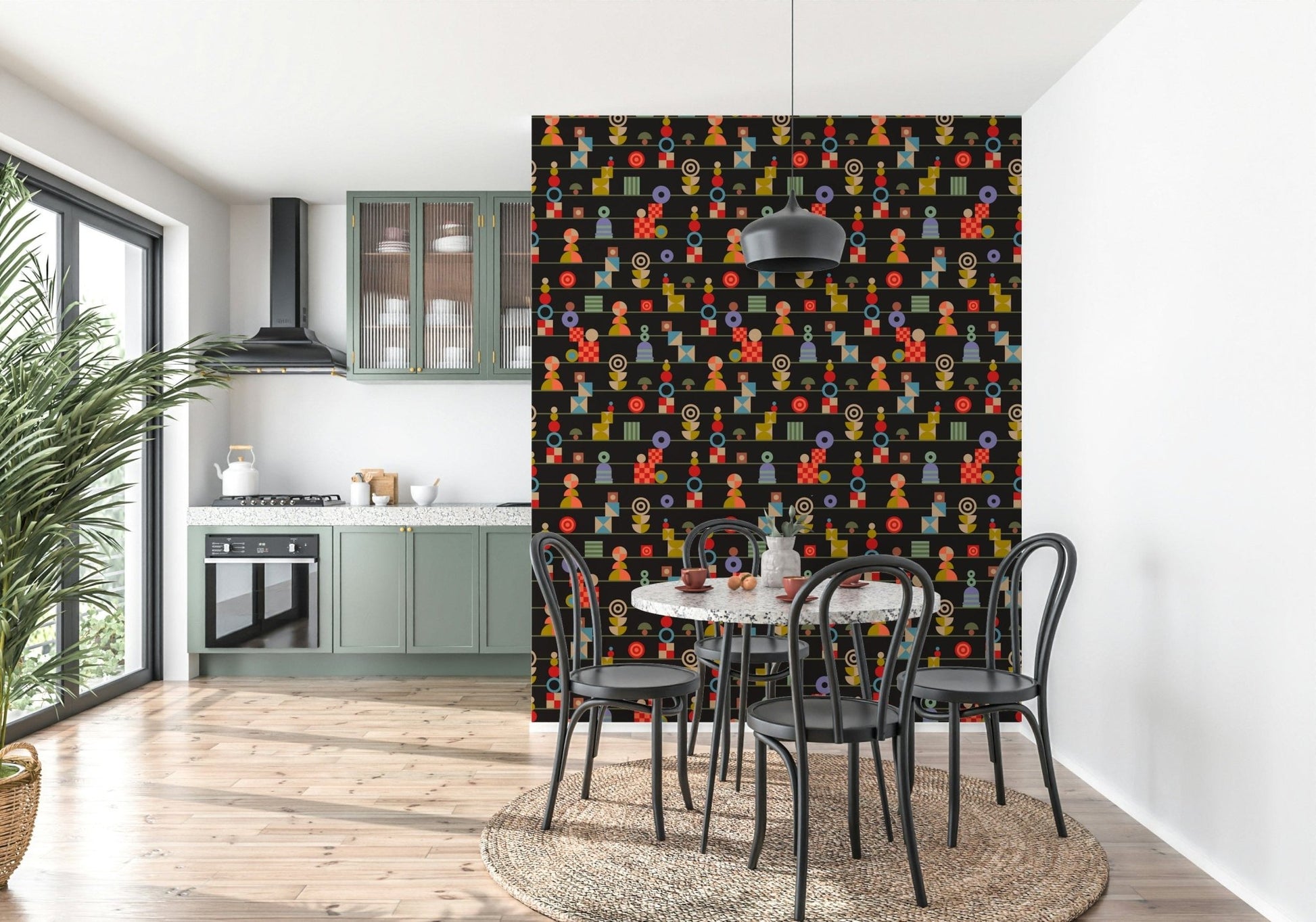 A bold retro wallpaper featuring layered playful shapes arranged neatly in striped rows.