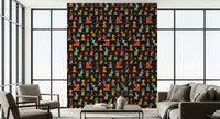 A charcoal wallpaper decorated with repeated stacked geometric shapes in vivid retro hues.