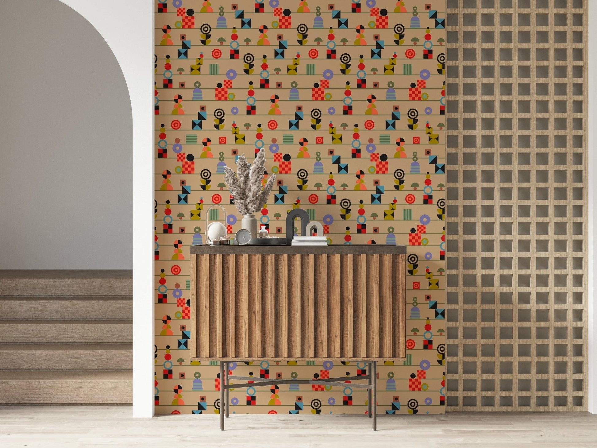 Bold retro shapes—circles, blocks, and triangles—forming rhythmic stripes across a multicolored wallpaper.