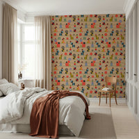 Stacked circles, squares, and triangles creating a whimsical stripe pattern on this multicolored wallpaper.