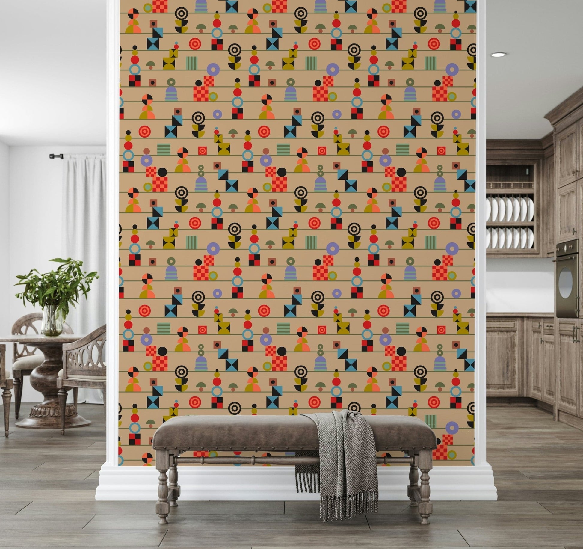 Cream wallpaper featuring repeated lines of colorful geometric figures for a cheerful retro look.