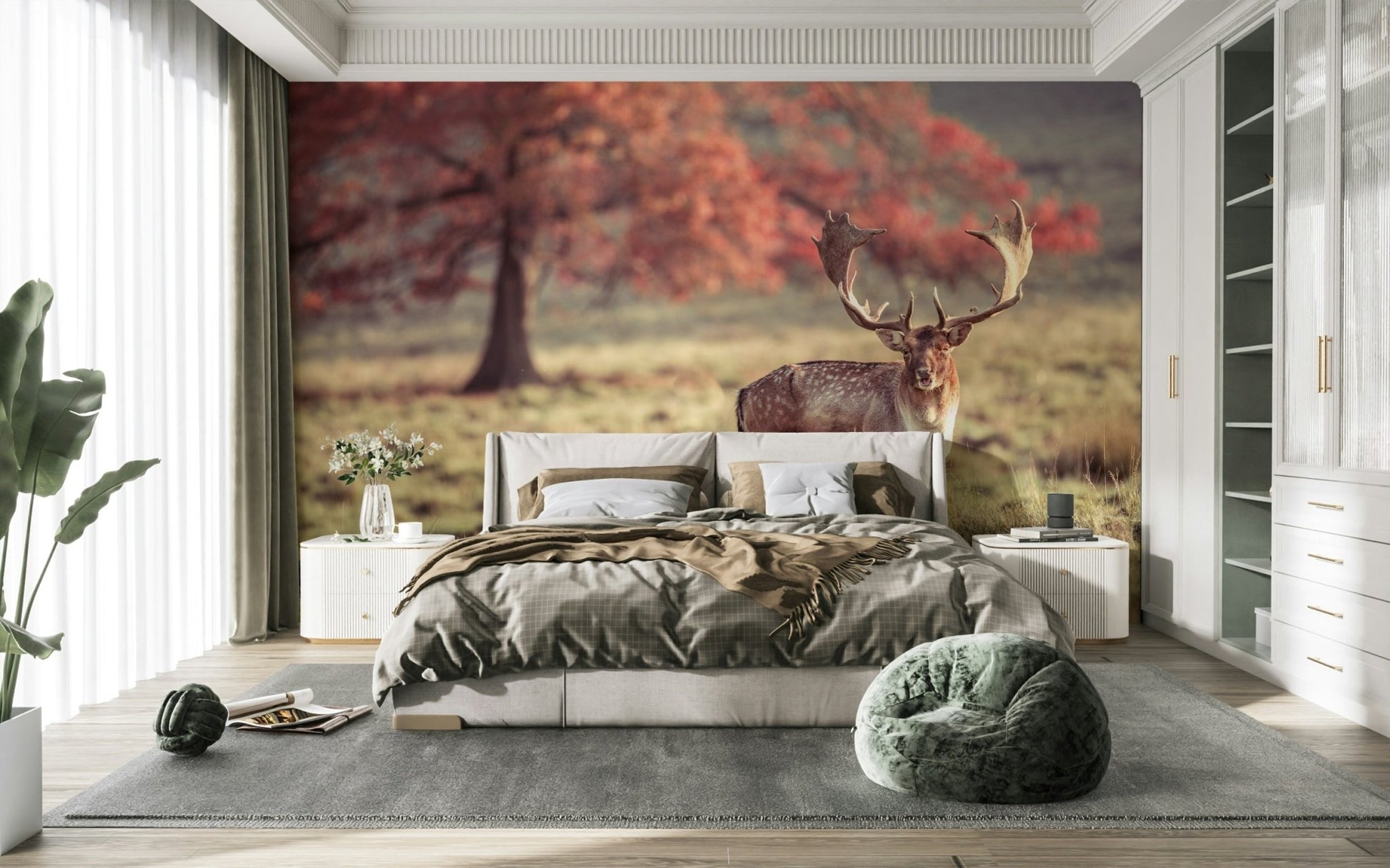 Nature-inspired mural with a stag in a scenic field

