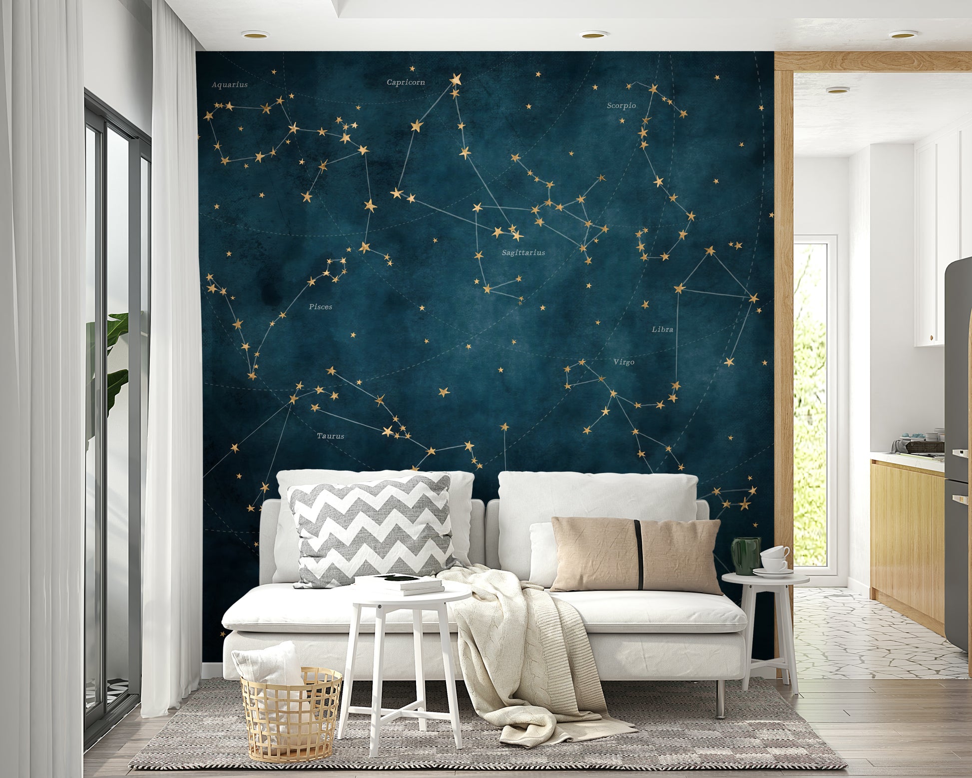 Star Map of Zodiac Mural for a cosmic, tranquil room atmosphere.

