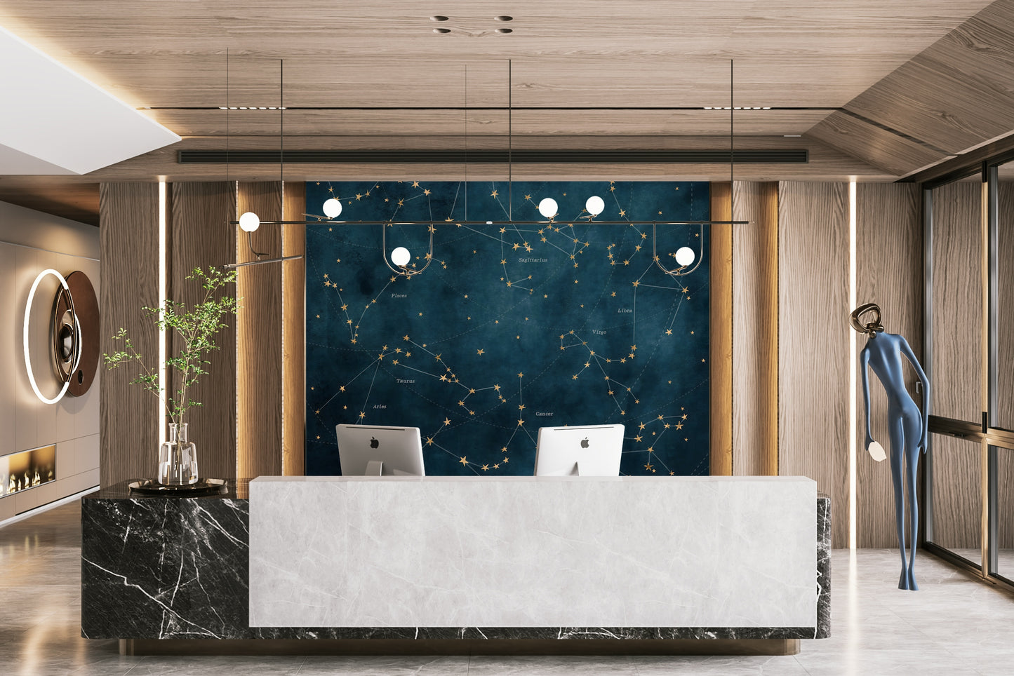Starry sky mural wallpaper featuring zodiac constellation map.

