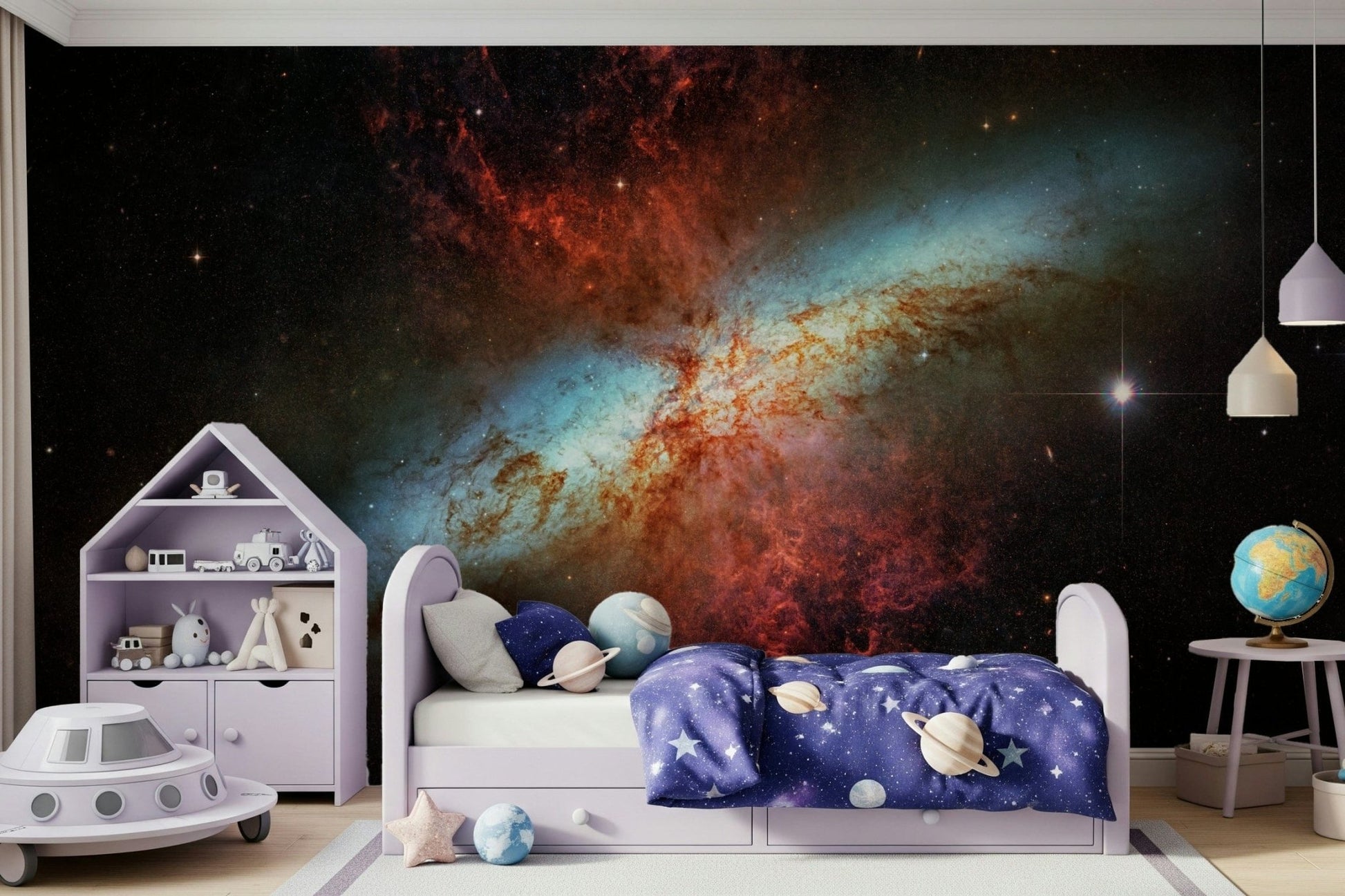 Stardust Symphony wallpaper mural of a turquoise and red galaxy in a kids room with a purple bed and globe