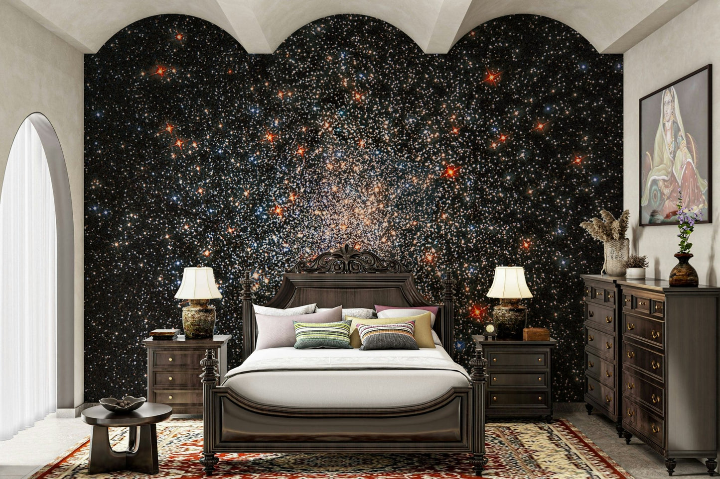 The image shows a peaceful, otherworldly scene with celestial elements.

