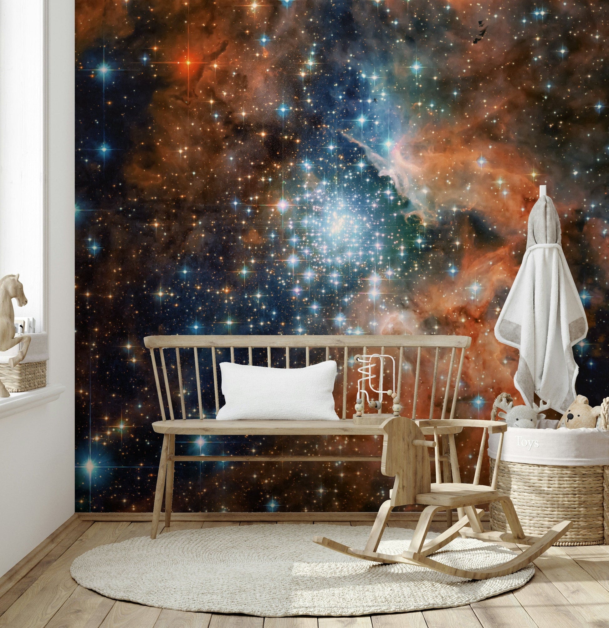 High-definition cosmic landscape in an open-plan apartment workspace.