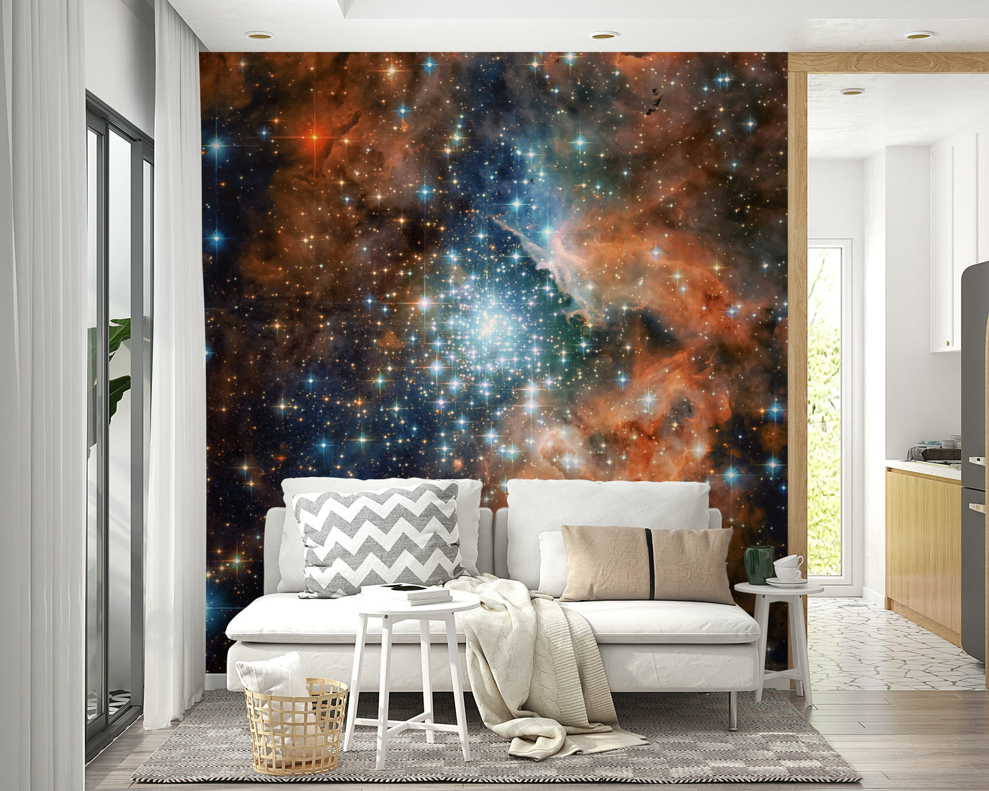 Deep space nebula art in a contemporary apartment dining area.