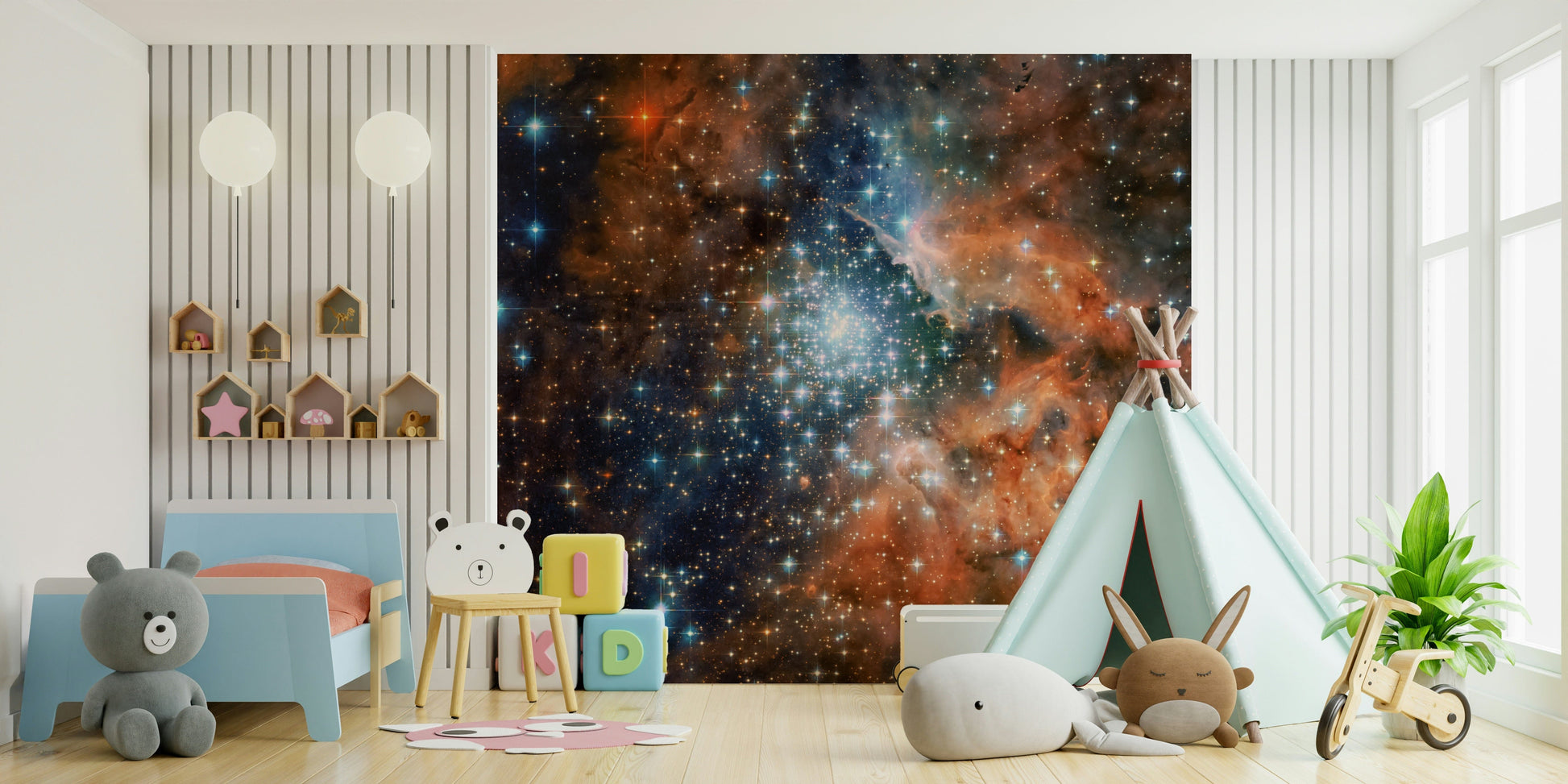 Starlight Vista Wall Mural showcasing a shimmering milky way in a primary bedroom.
