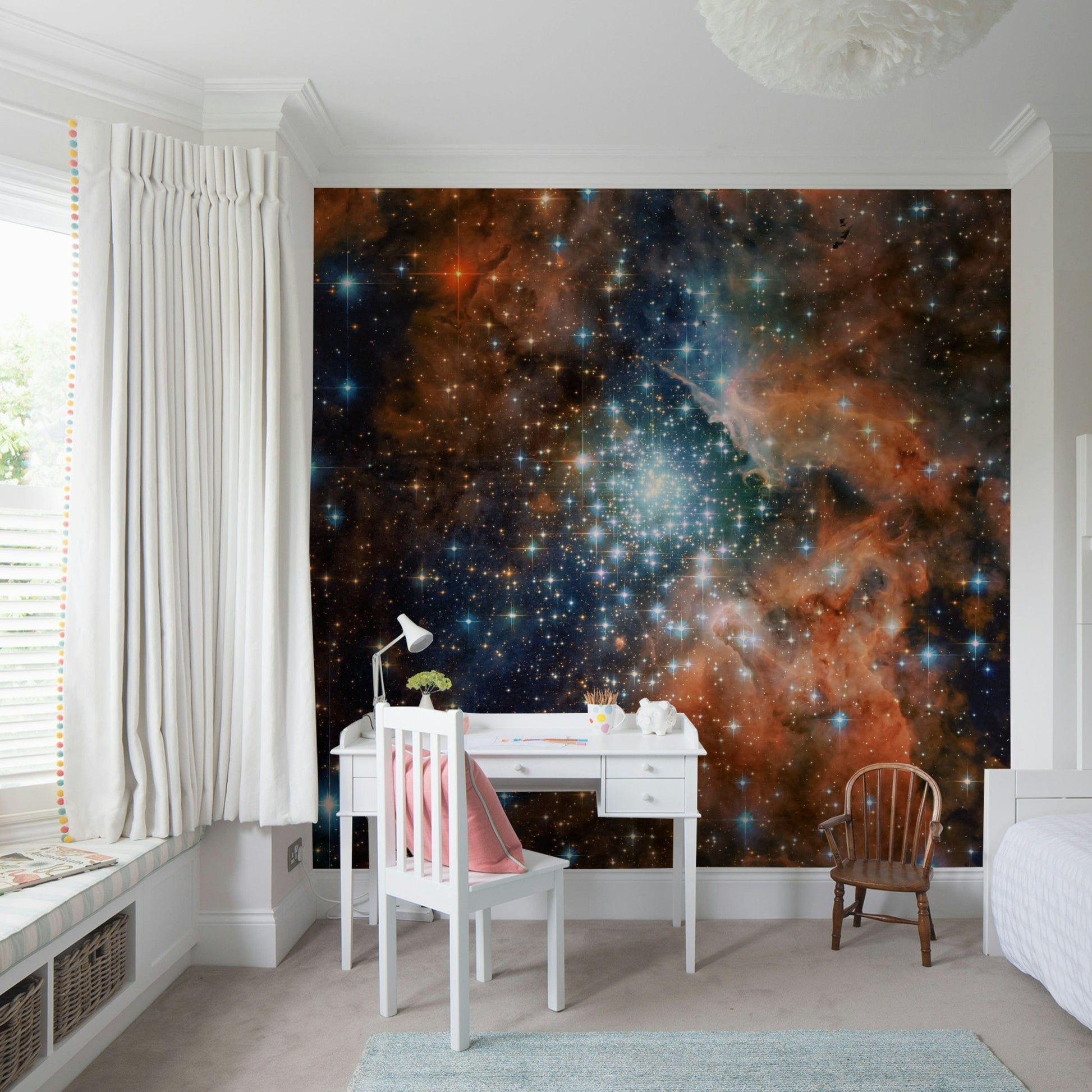 Minimalist star map mural for a serene nursery wall decor theme.