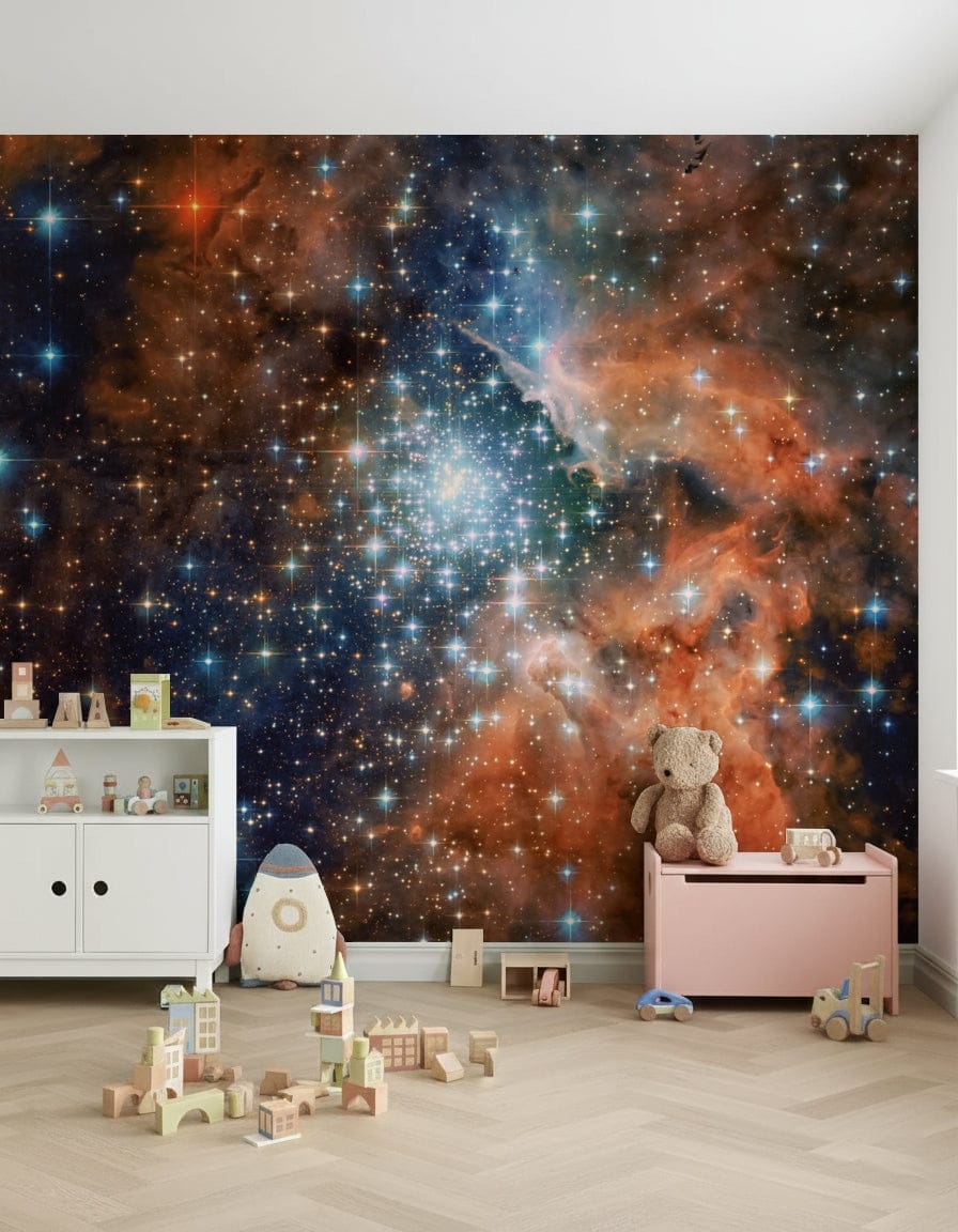 Abstract night sky mural with soft white stars for a minimalist bedroom wall.