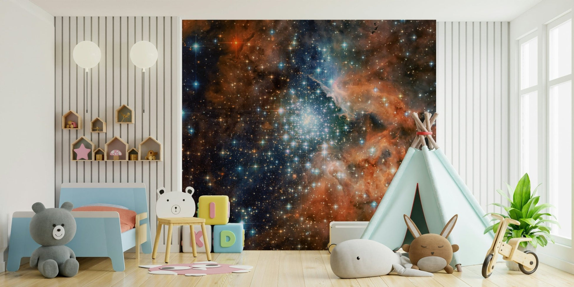 Starlight Vista Wall Mural showcasing a shimmering milky way in a primary bedroom.