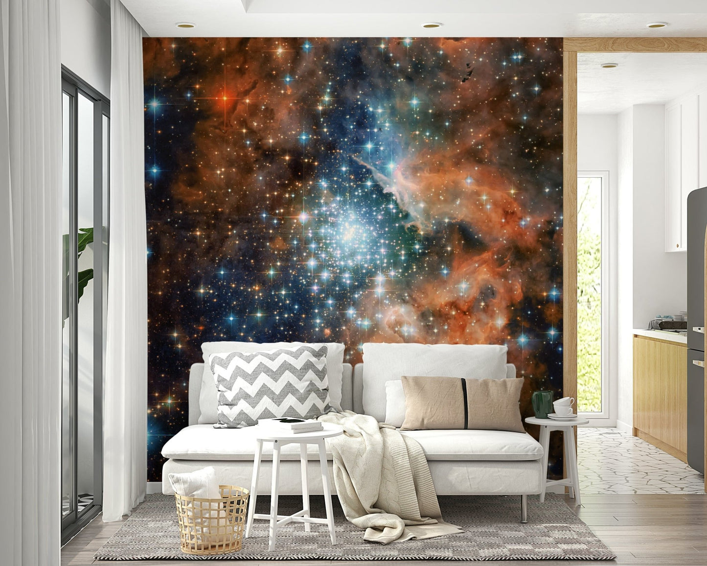 Deep space nebula art in a contemporary apartment dining area.