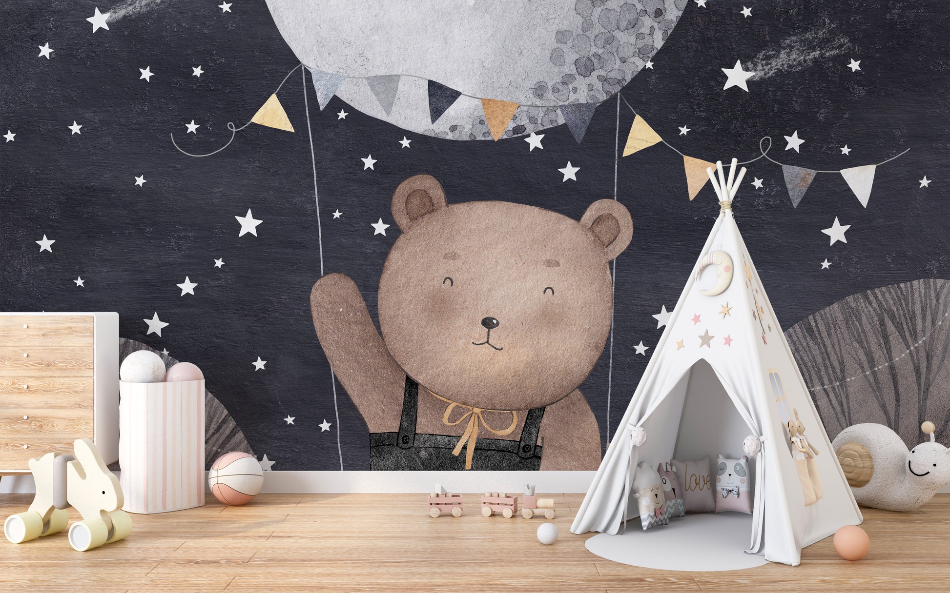 Starry night mural perfect for kids, featuring a bear and balloon.

