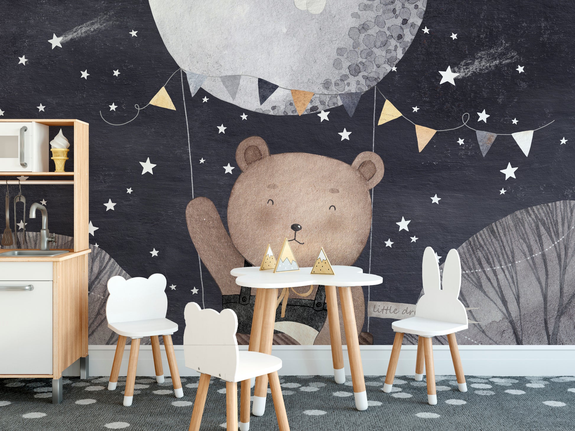 Bear and balloon mural set against a serene starry night backdrop.
