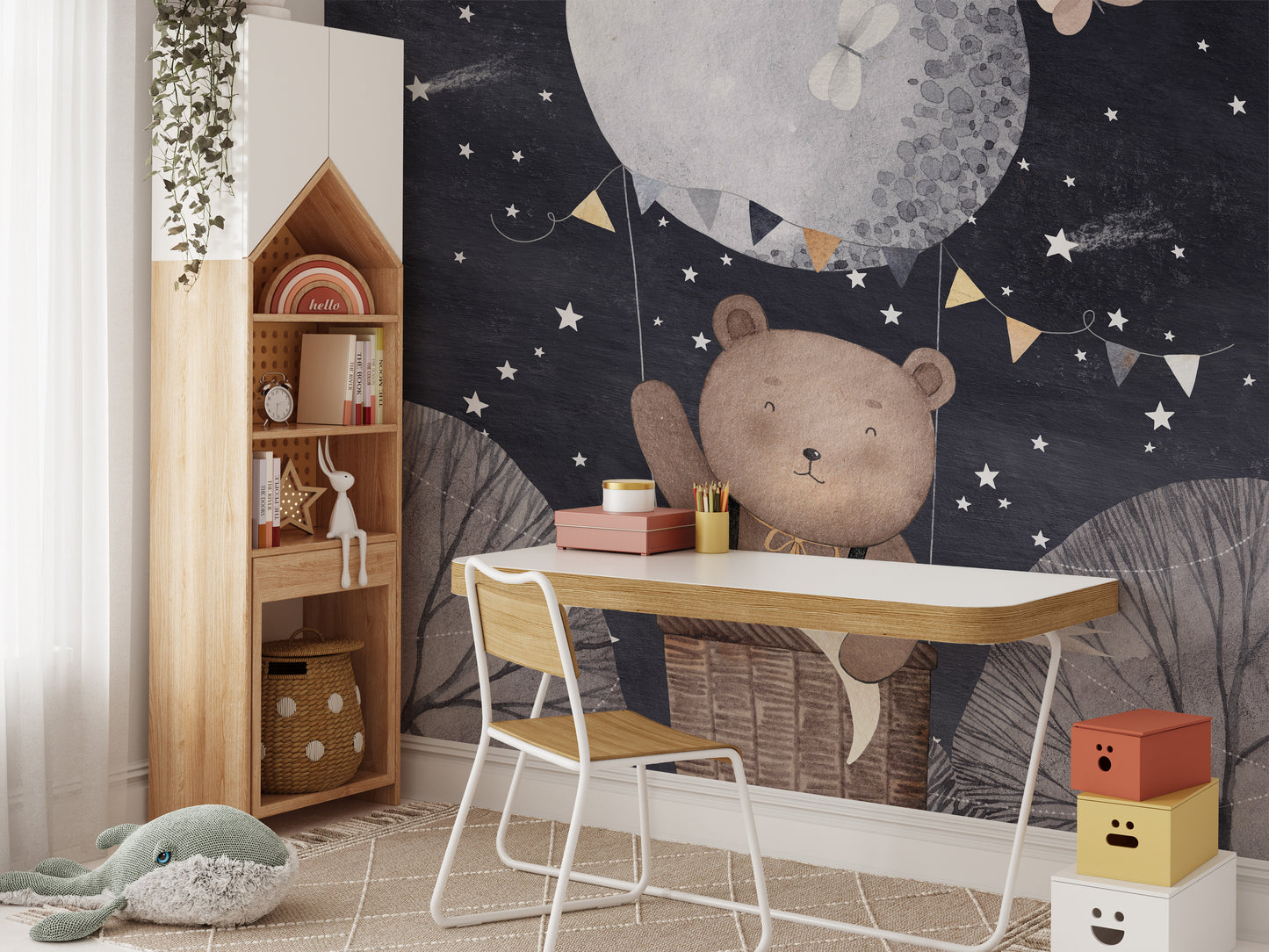 Enchanting wall mural with a bear, balloon, and night sky stars.
