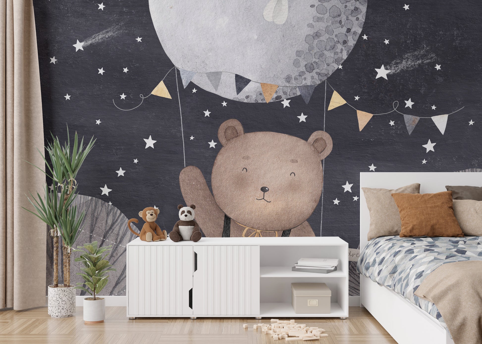 Starry night wallpaper mural featuring a bear holding a balloon.
