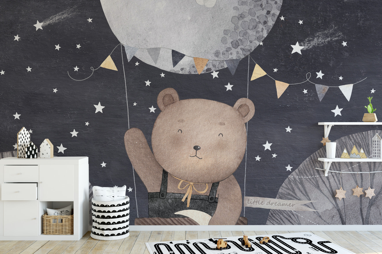 Magical bear and balloon wall mural under a starry night sky.
