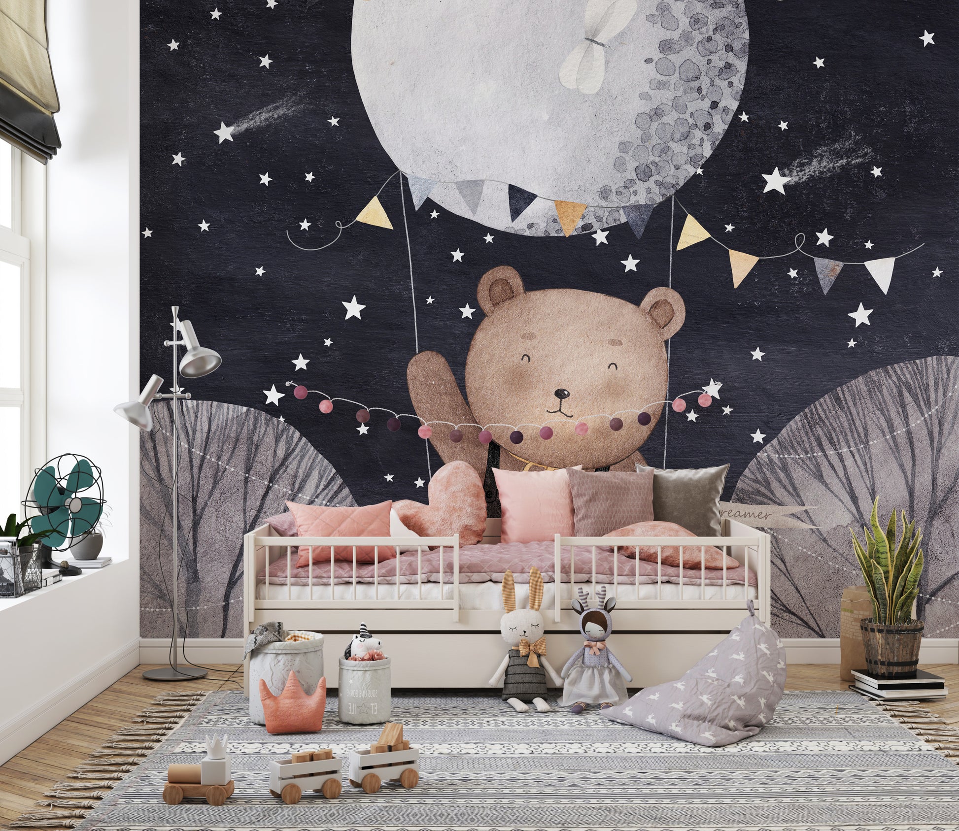 Starry night mural with a bear and balloon for whimsical decor.
