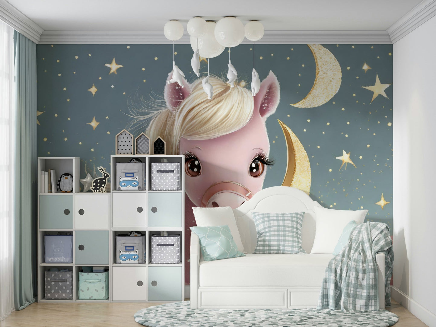 Dreamy pony illustration among clouds in starry wallpaper

