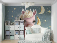 Dreamy pony illustration among clouds in starry wallpaper

