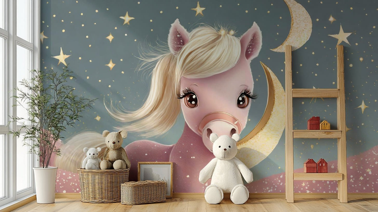 Cozy nursery wall mural of pony beneath crescent moon

