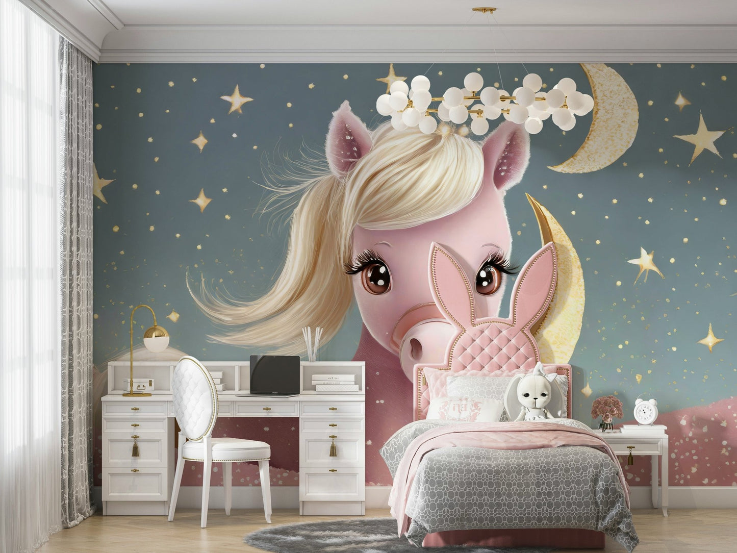 Sweet pony design in wall mural with twinkling stars


